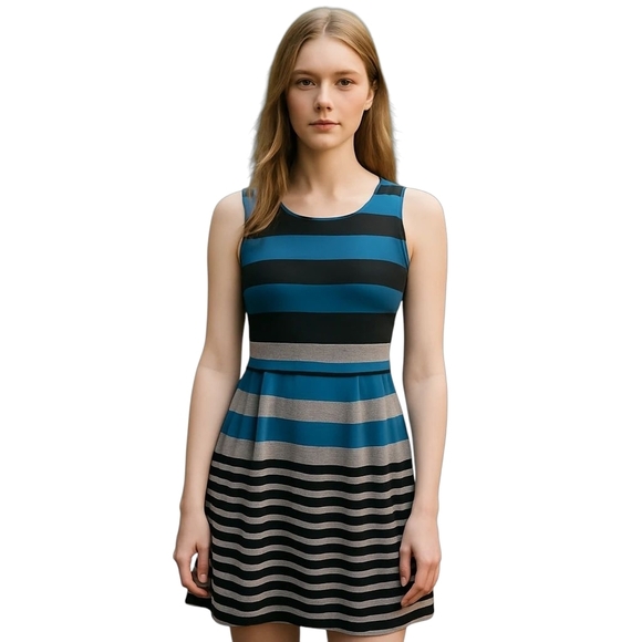 LOFT Black Striped Sleeveless Fit & Flare Dress Size 4 Petite - Picture 1 of 6